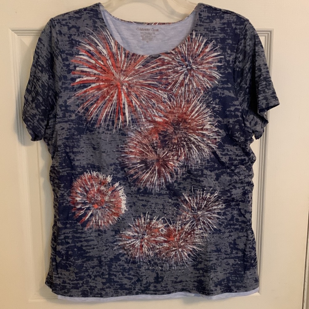 Red,white&blue Coldwater Creek short-sleeve, lined burnout tee; fireworks motif.